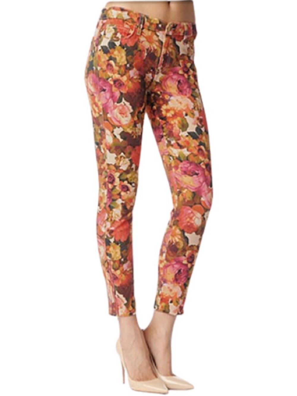 7 For All Mankind Side Zip Cropped Skinny Jean in Red English Garden Floral
